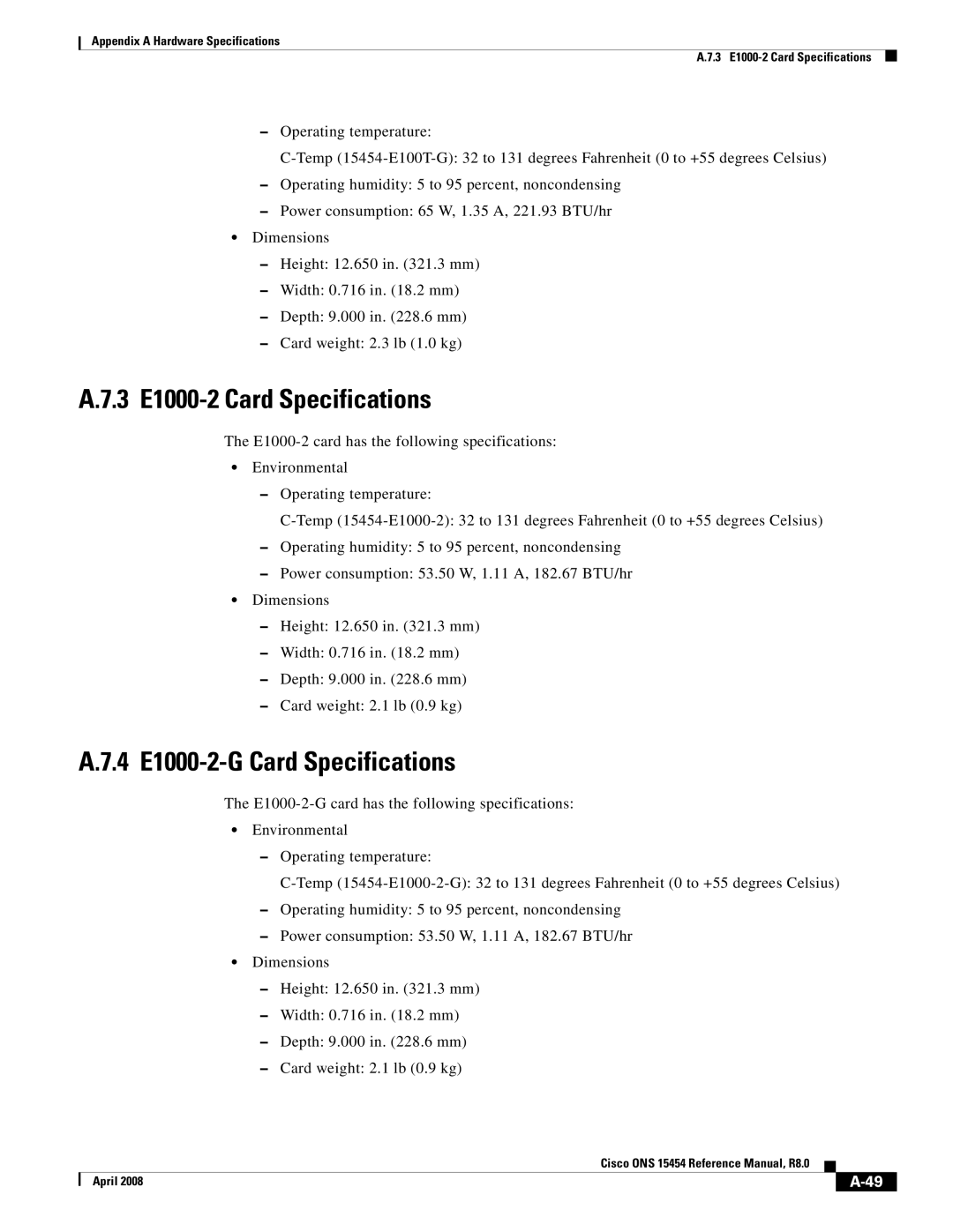 Cisco Systems ONS 15454 appendix 3 E1000-2 Card Specifications, 4 E1000-2-G Card Specifications 