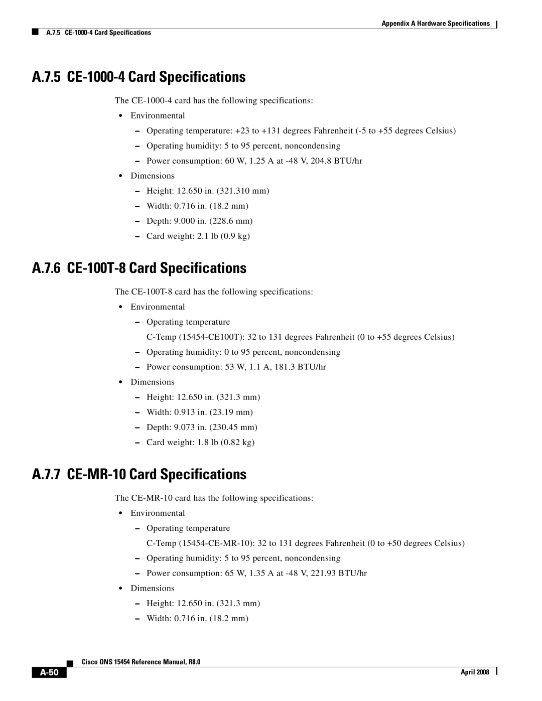 Cisco Systems ONS 15454 5 CE-1000-4 Card Specifications, 6 CE-100T-8 Card Specifications, CE-MR-10 Card Specifications 