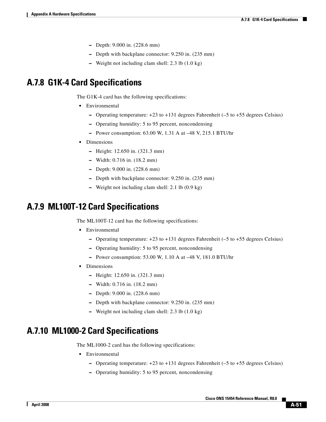 Cisco Systems ONS 15454 8 G1K-4 Card Specifications, 9 ML100T-12 Card Specifications, 10 ML1000-2 Card Specifications 