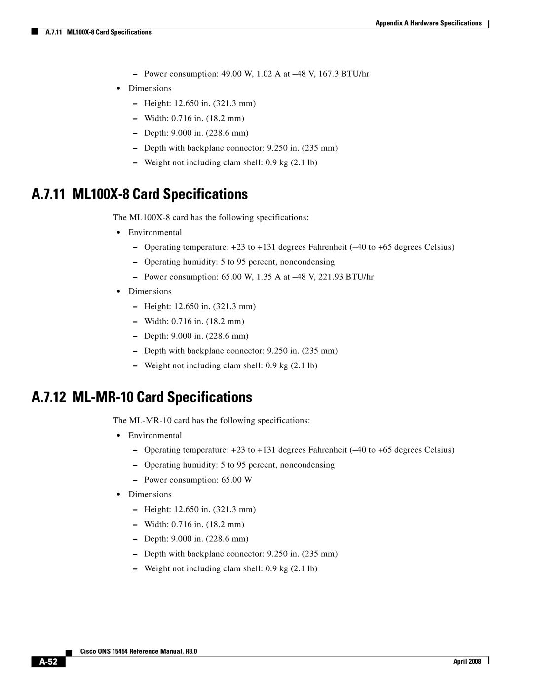 Cisco Systems ONS 15454 appendix 11 ML100X-8 Card Specifications, ML-MR-10 Card Specifications 