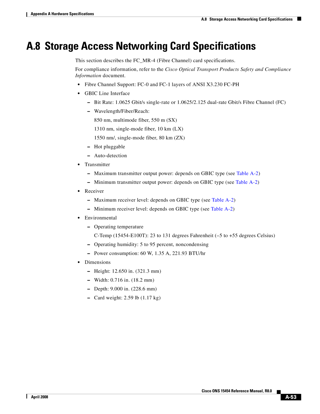 Cisco Systems ONS 15454 appendix Storage Access Networking Card Specifications 