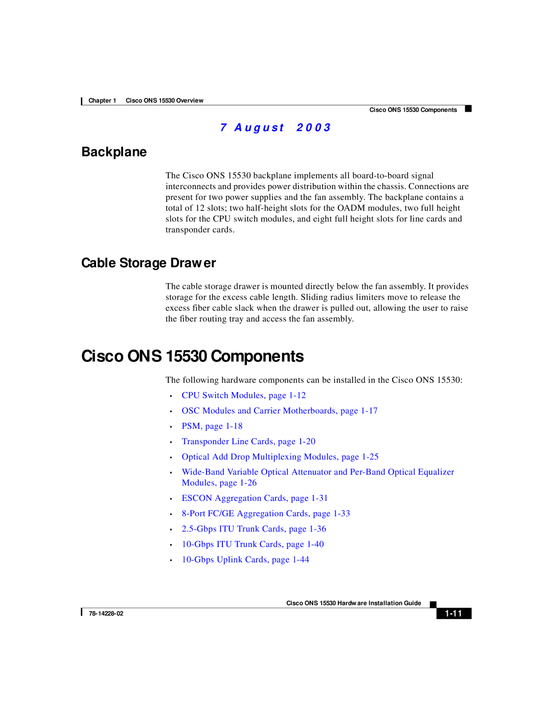 Cisco Systems ONS 15530 manual Backplane, Cable Storage Drawer 