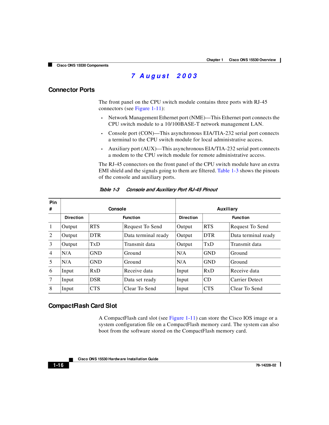 Cisco Systems ONS 15530 manual Connector Ports, CompactFlash Card Slot 