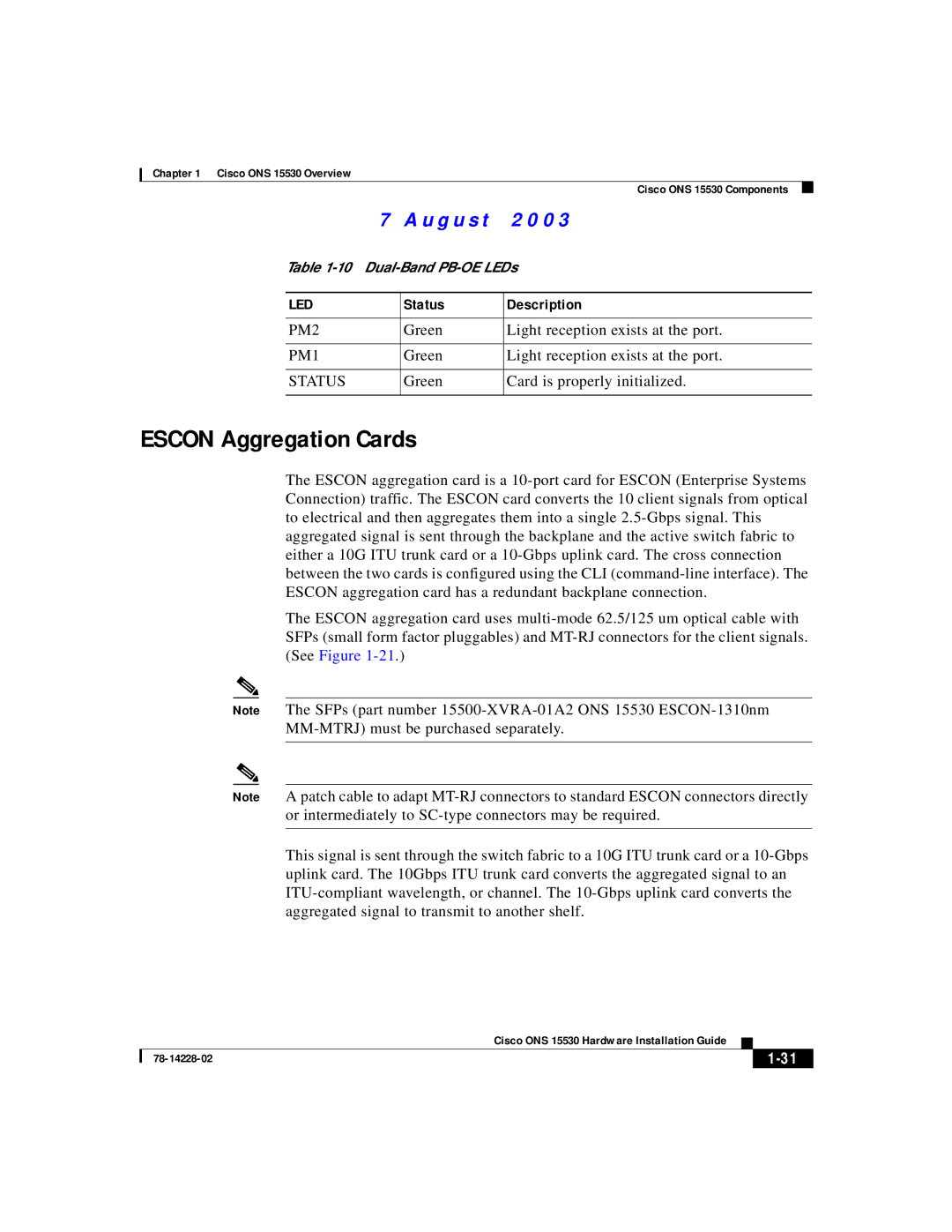 Cisco Systems ONS 15530 manual Escon Aggregation Cards 