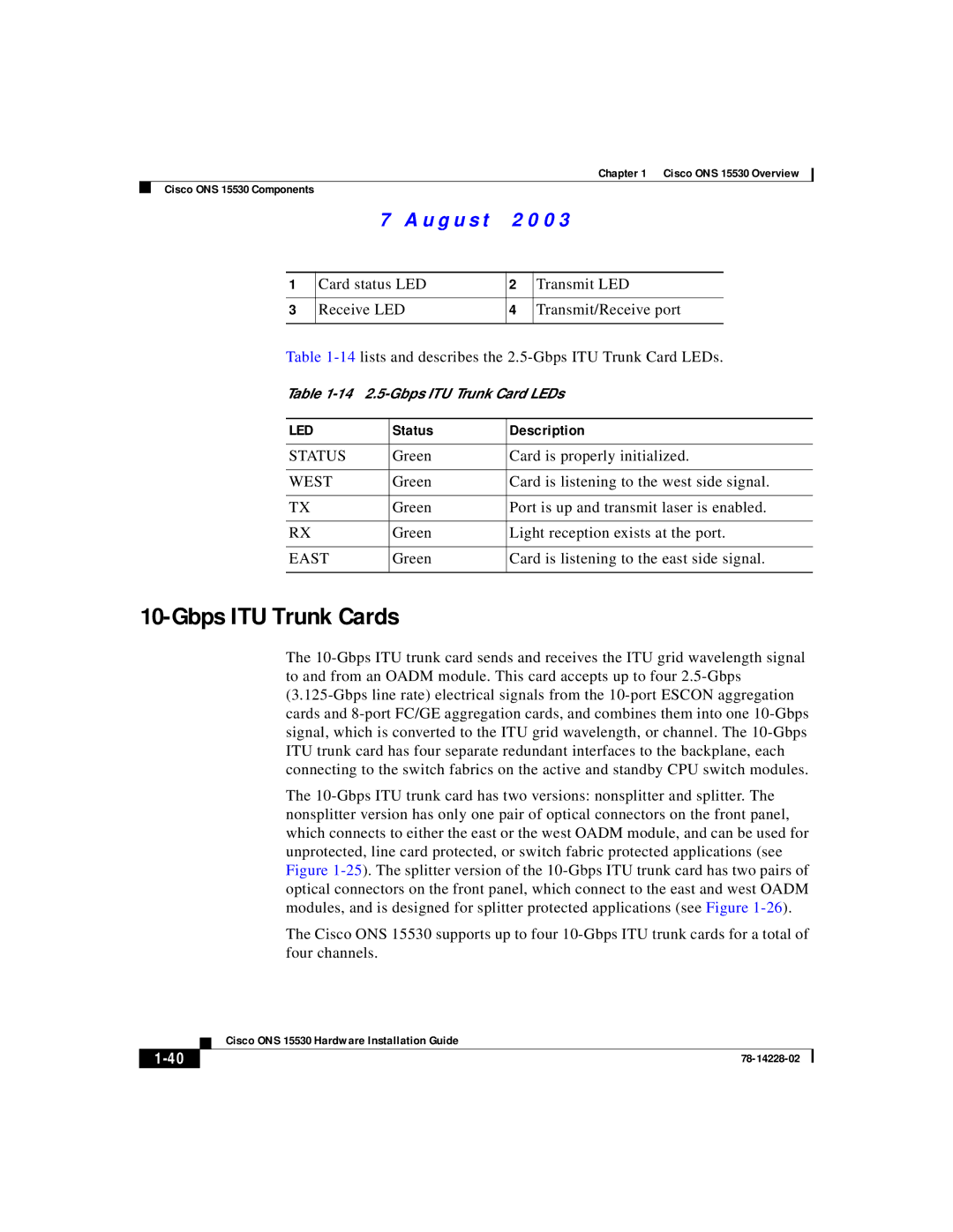 Cisco Systems ONS 15530 manual Green Card is properly initialized, Green Card is listening to the east side signal 