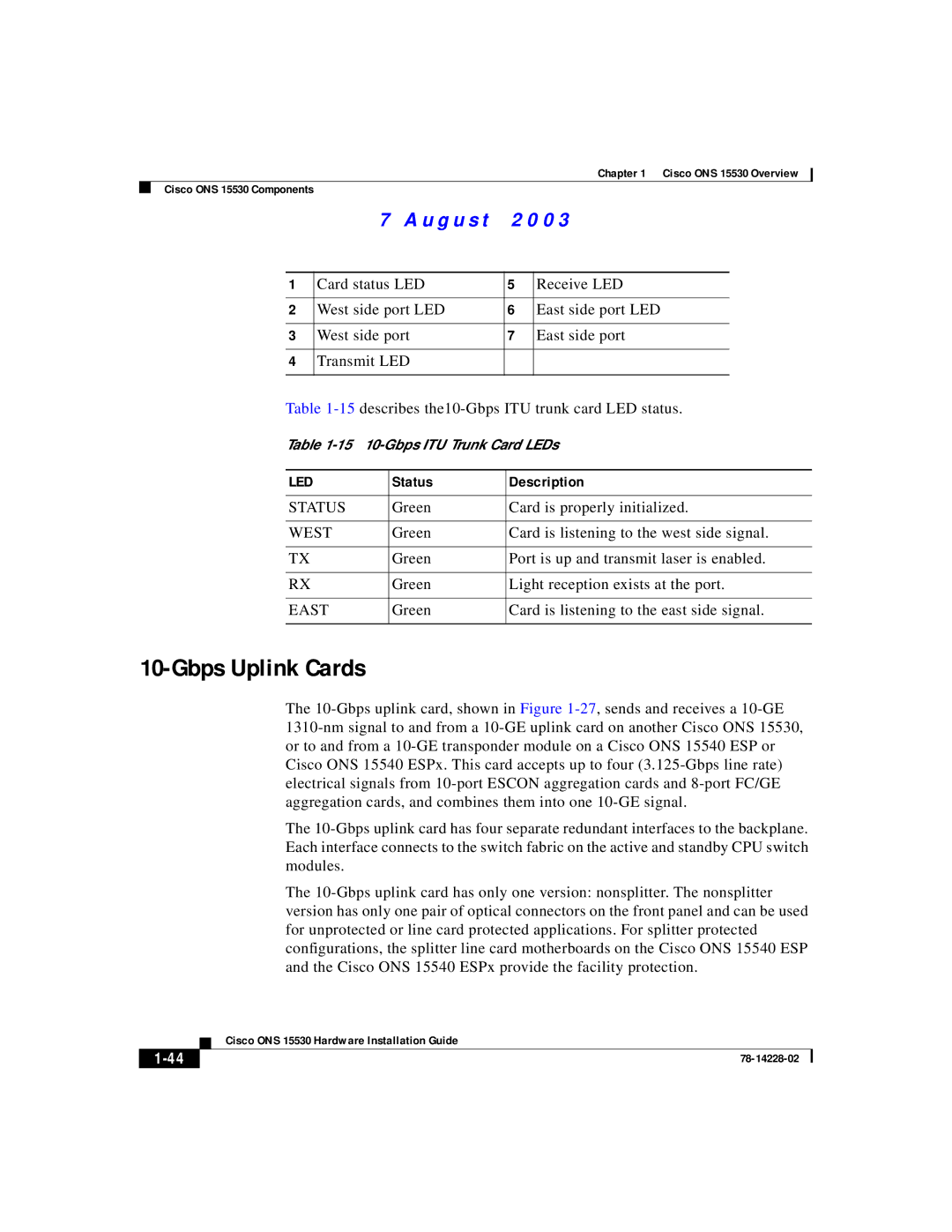 Cisco Systems ONS 15530 manual Gbps Uplink Cards, Green Card is properly initialized 