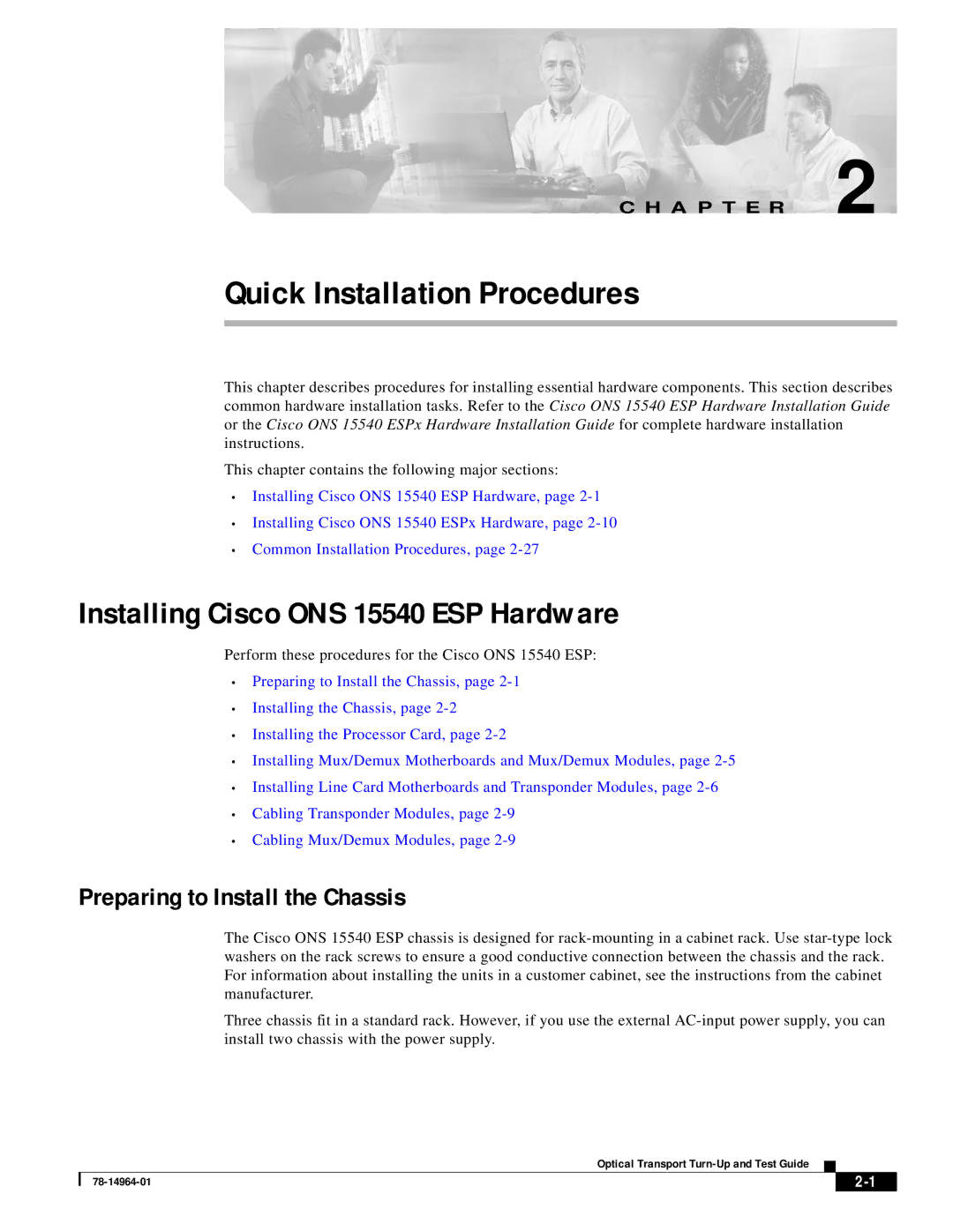 Cisco Systems ONS 15540 installation instructions Quick Installation Procedures, Preparing to Install the Chassis 