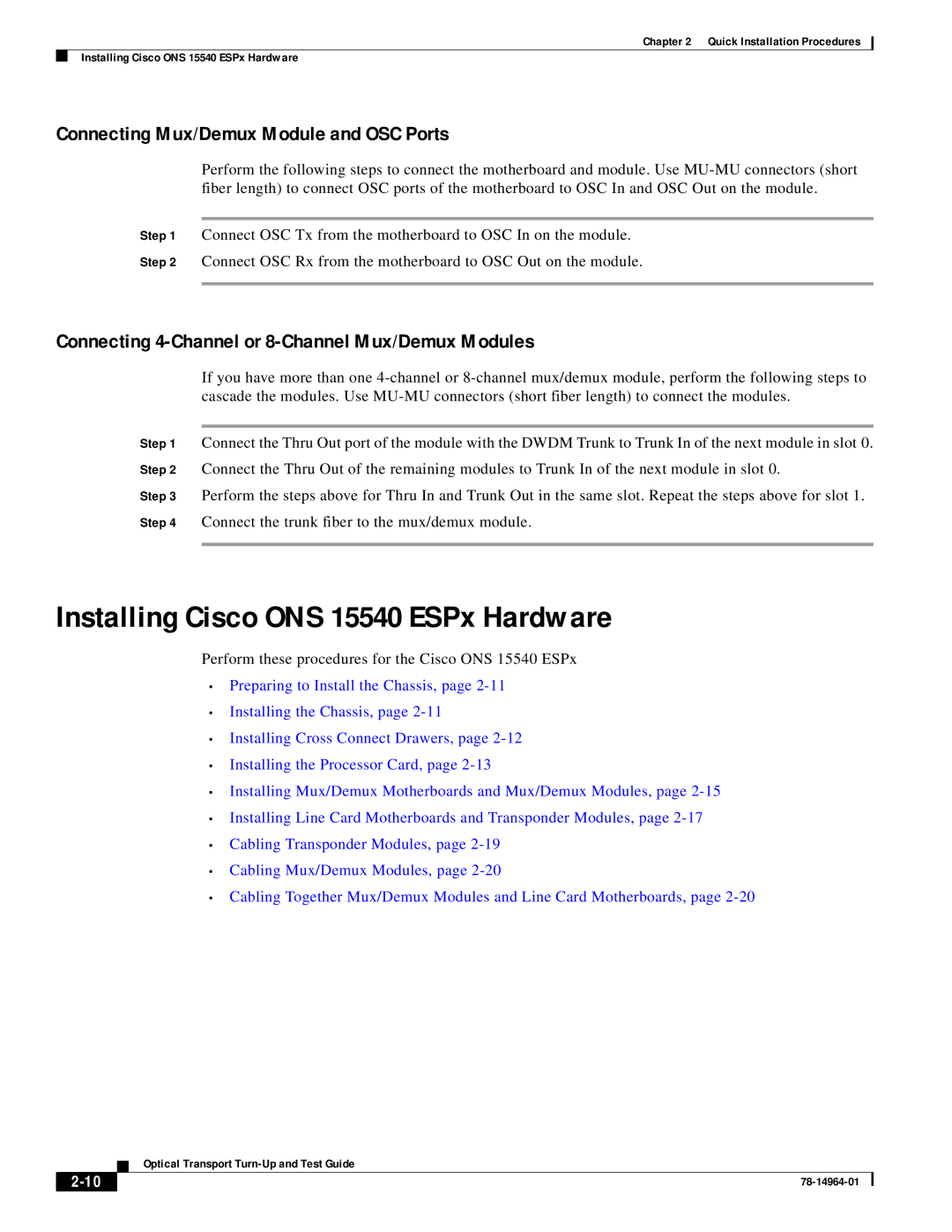 Cisco Systems ONS 15540 Connecting Mux/Demux Module and OSC Ports, Connecting 4-Channel or 8-Channel Mux/Demux Modules 