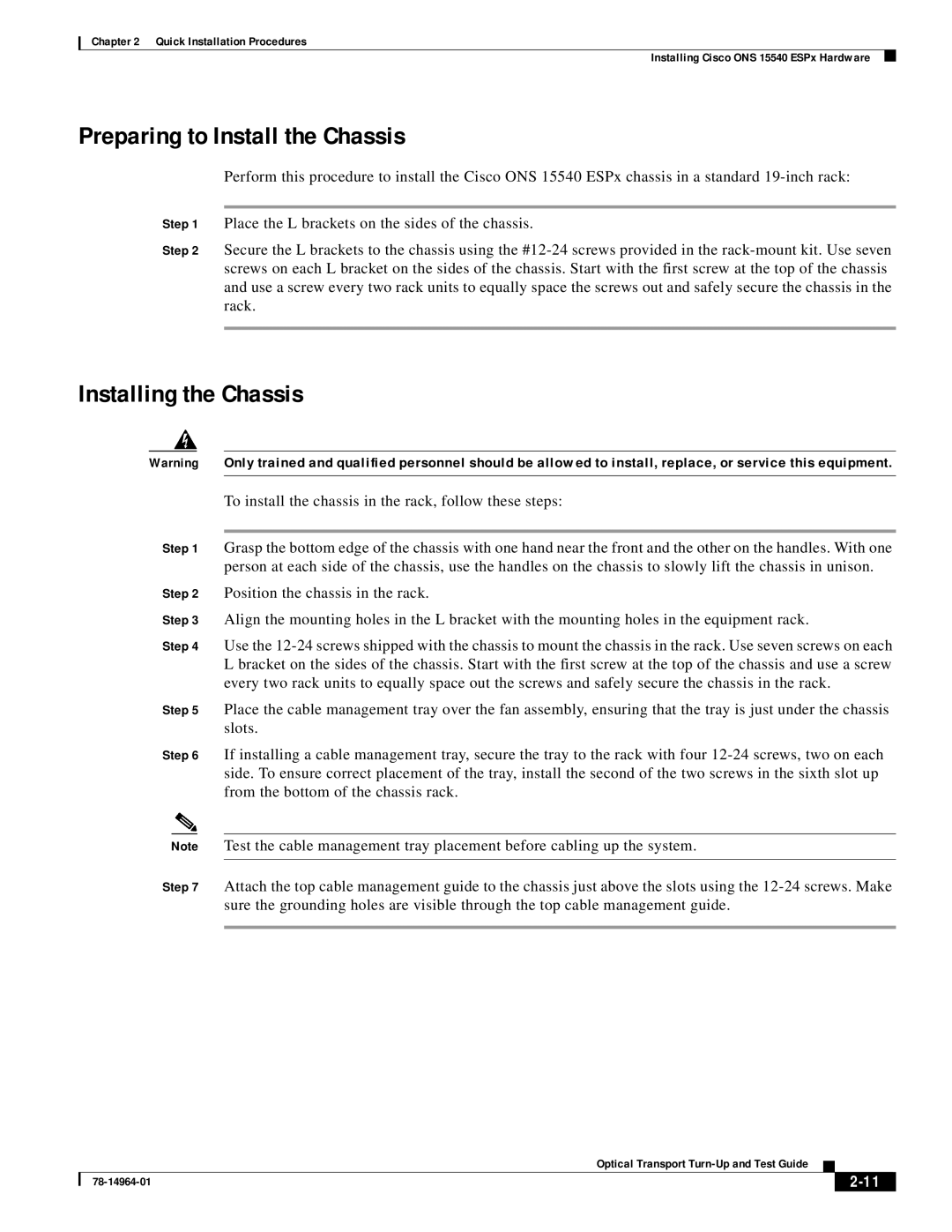 Cisco Systems ONS 15540 installation instructions Preparing to Install the Chassis 