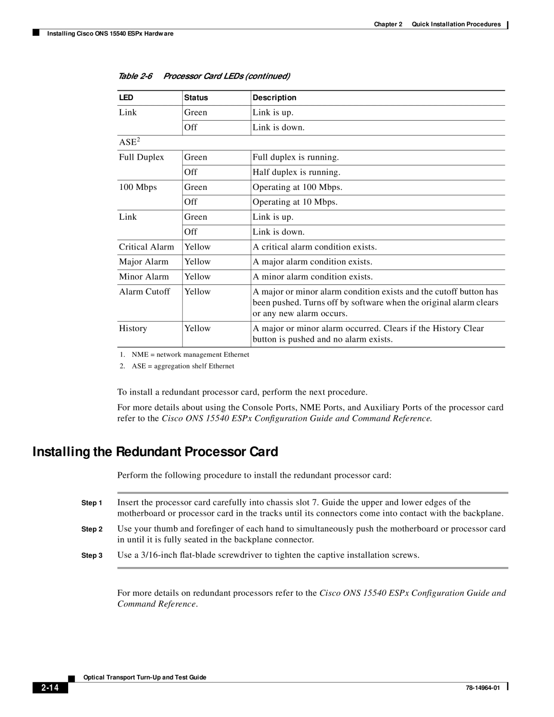 Cisco Systems ONS 15540 installation instructions Installing the Redundant Processor Card 