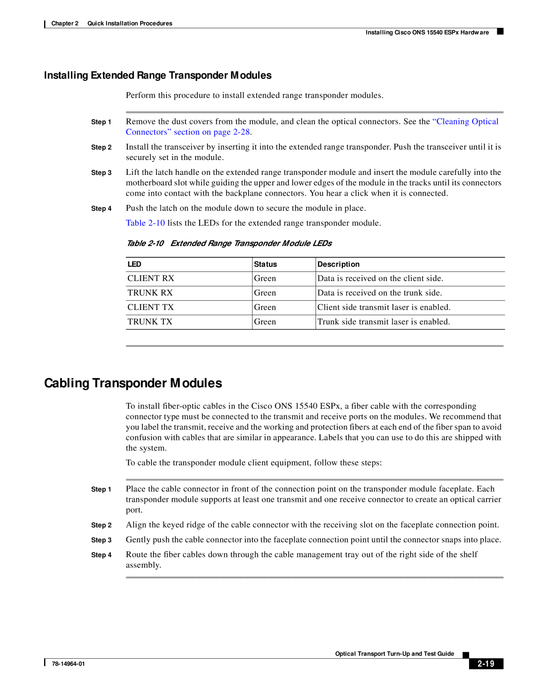 Cisco Systems ONS 15540 installation instructions Extended Range Transponder Module LEDs 