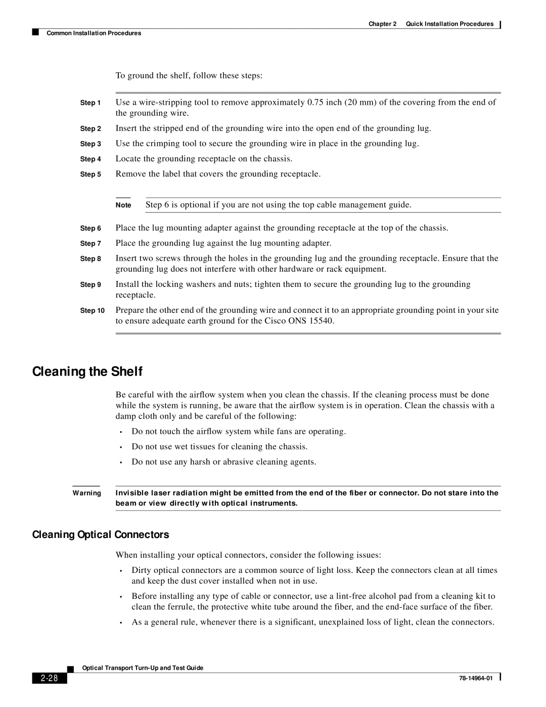 Cisco Systems ONS 15540 installation instructions Cleaning the Shelf, Cleaning Optical Connectors 