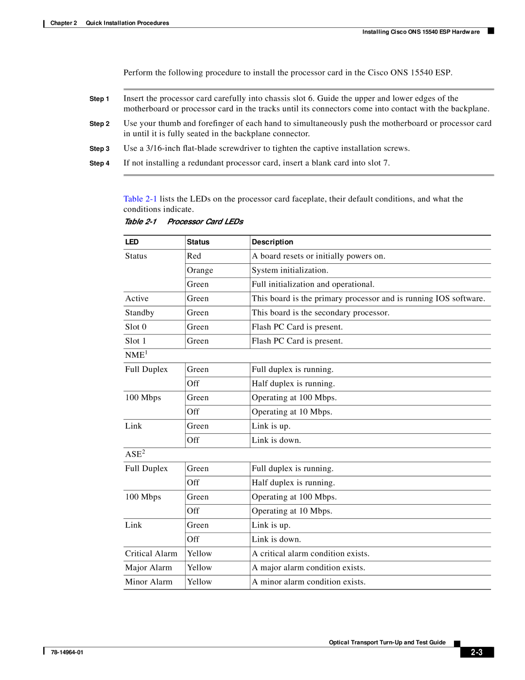 Cisco Systems ONS 15540 installation instructions Led 