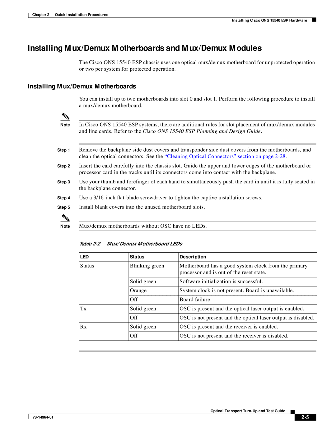 Cisco Systems ONS 15540 installation instructions Installing Mux/Demux Motherboards and Mux/Demux Modules 