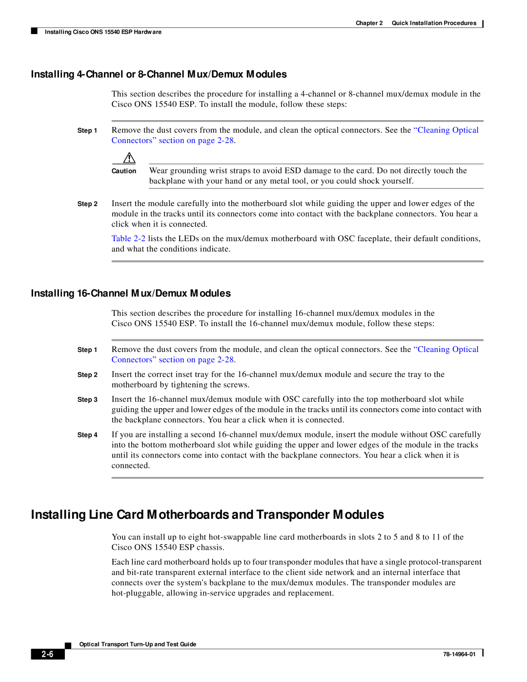 Cisco Systems ONS 15540 Installing Line Card Motherboards and Transponder Modules, Installing 16-Channel Mux/Demux Modules 