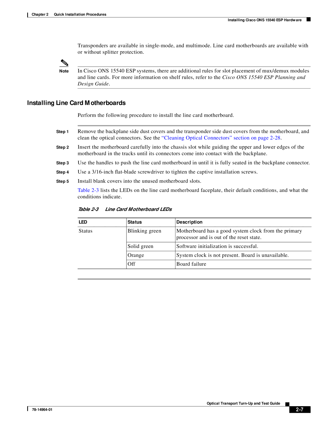 Cisco Systems ONS 15540 installation instructions Installing Line Card Motherboards 