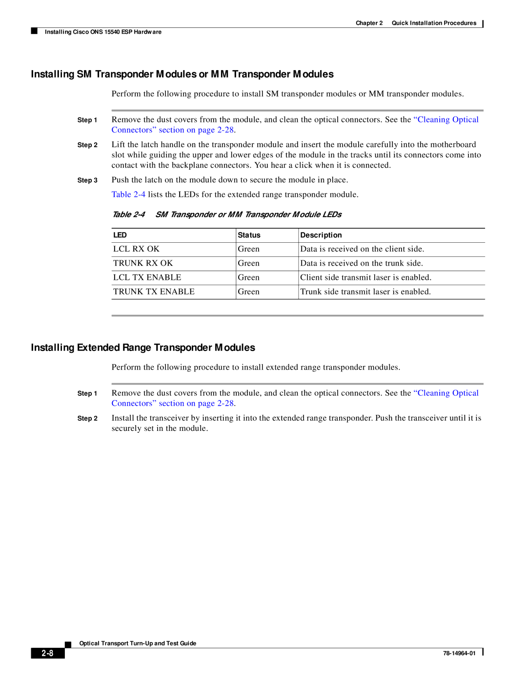 Cisco Systems ONS 15540 installation instructions Installing SM Transponder Modules or MM Transponder Modules 