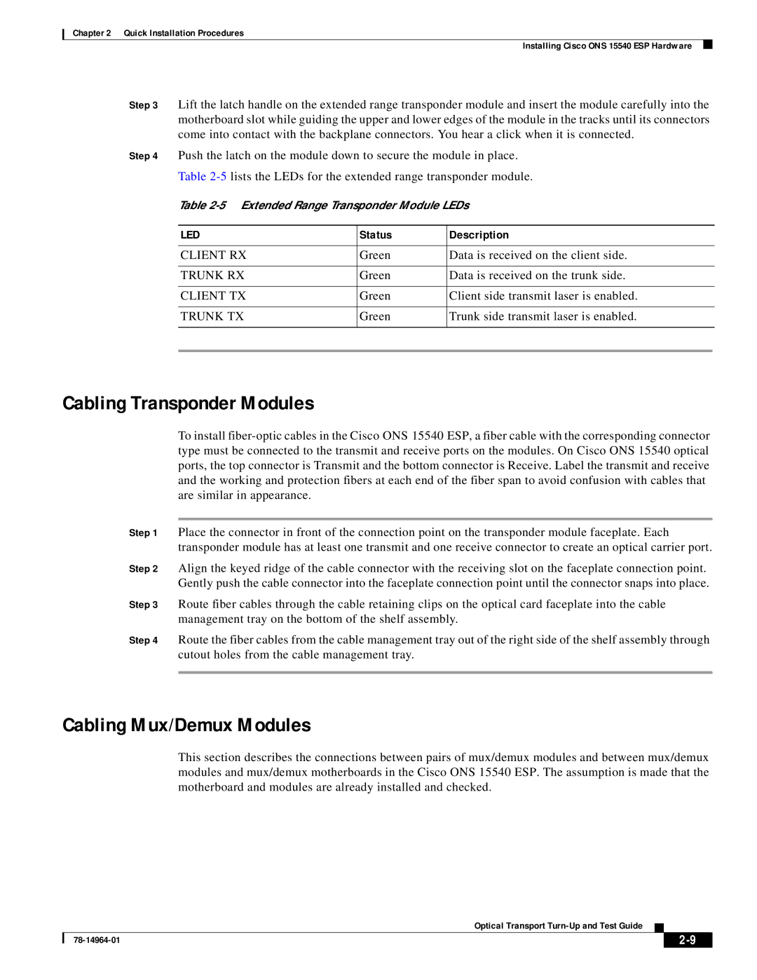 Cisco Systems ONS 15540 installation instructions Cabling Transponder Modules, Cabling Mux/Demux Modules 