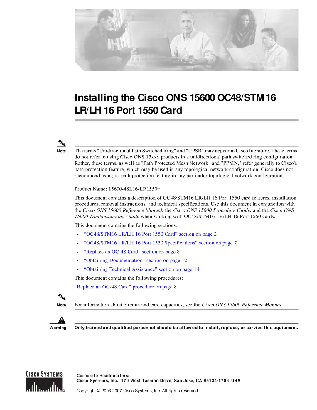 Cisco Systems ONS 15600 OC48/STM 16 technical specifications LR/LH 16 Port 1550 Card 