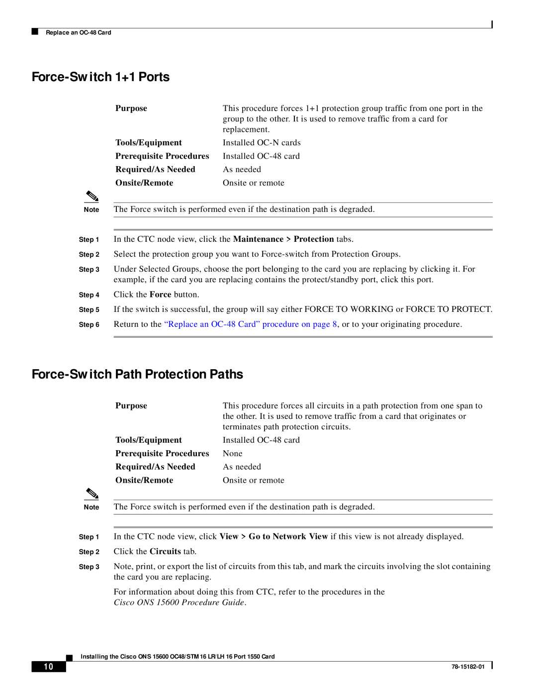 Cisco Systems ONS 15600 OC48/STM 16 technical specifications Force-Switch 1+1 Ports, Force-Switch Path Protection Paths 