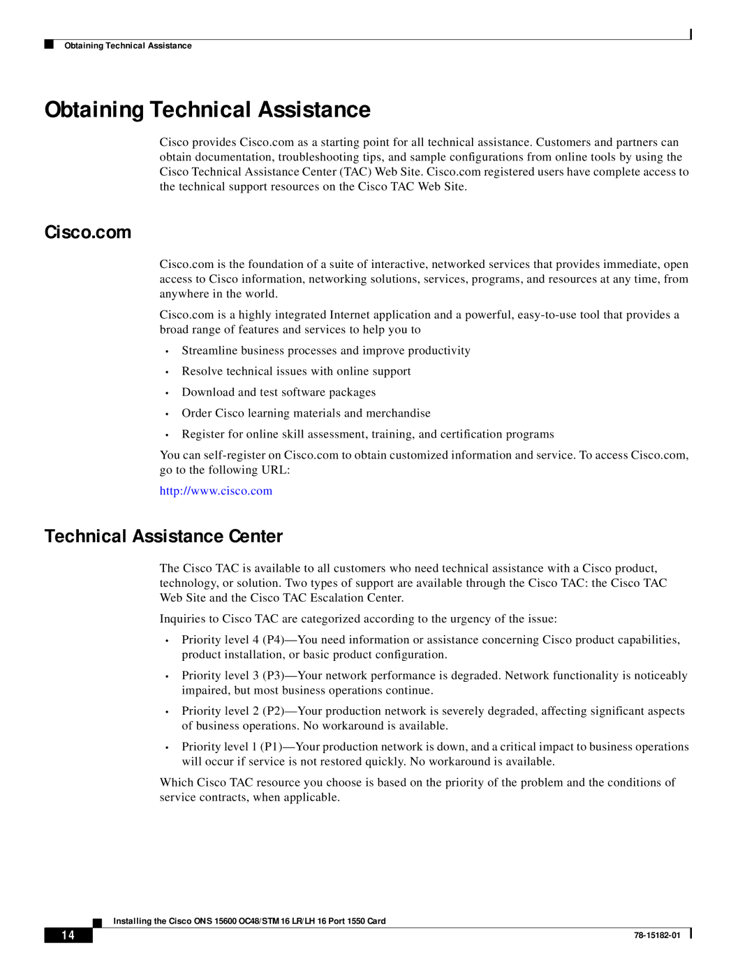 Cisco Systems ONS 15600 OC48/STM 16 Obtaining Technical Assistance, Cisco.com, Technical Assistance Center 