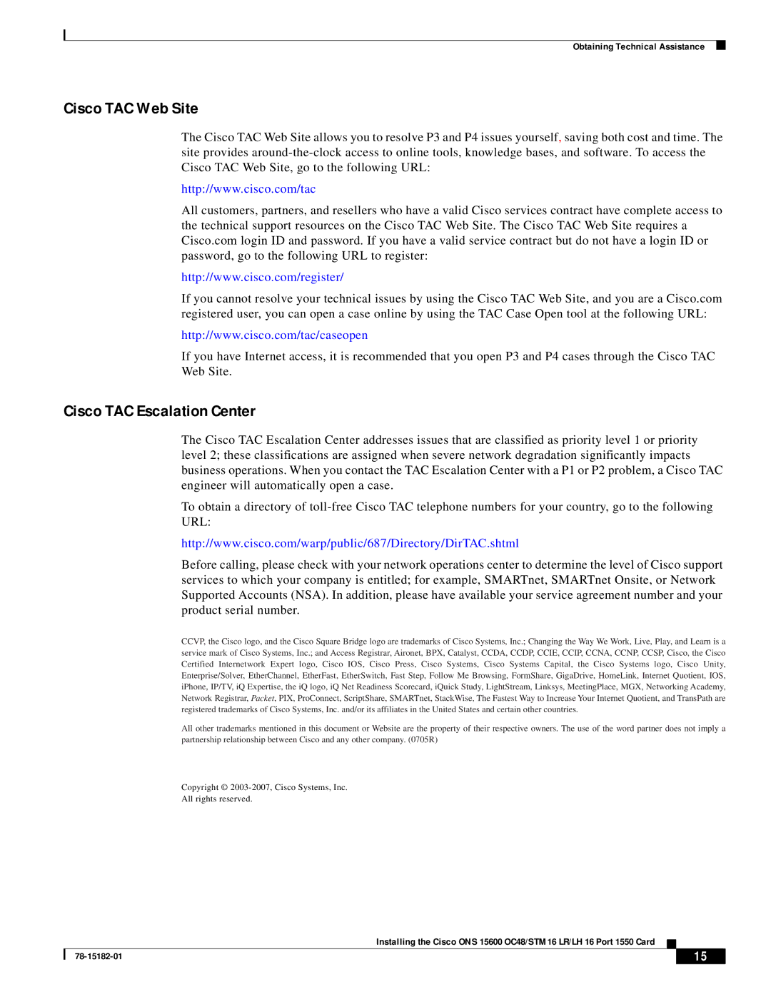 Cisco Systems ONS 15600 OC48/STM 16 technical specifications Cisco TAC Web Site 