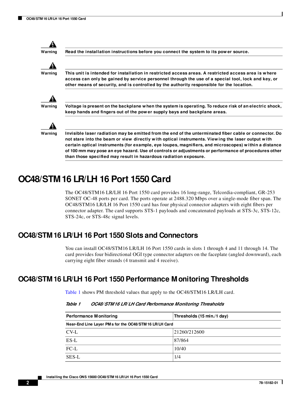 Cisco Systems ONS 15600 OC48/STM 16 OC48/STM16 LR/LH 16 Port 1550 Card, OC48/STM16 LR/LH 16 Port 1550 Slots and Connectors 