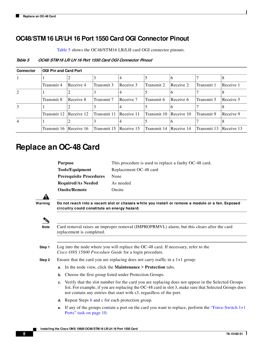 Cisco Systems ONS 15600 OC48/STM 16 Replace an OC-48 Card, OC48/STM16 LR/LH 16 Port 1550 Card OGI Connector Pinout 