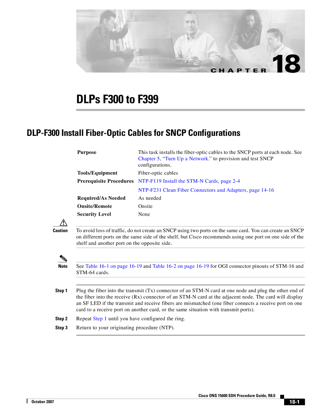 Cisco Systems ONS 15600 SDH manual DLP-F300 Install Fiber-Optic Cables for Sncp Configurations, 18-1 