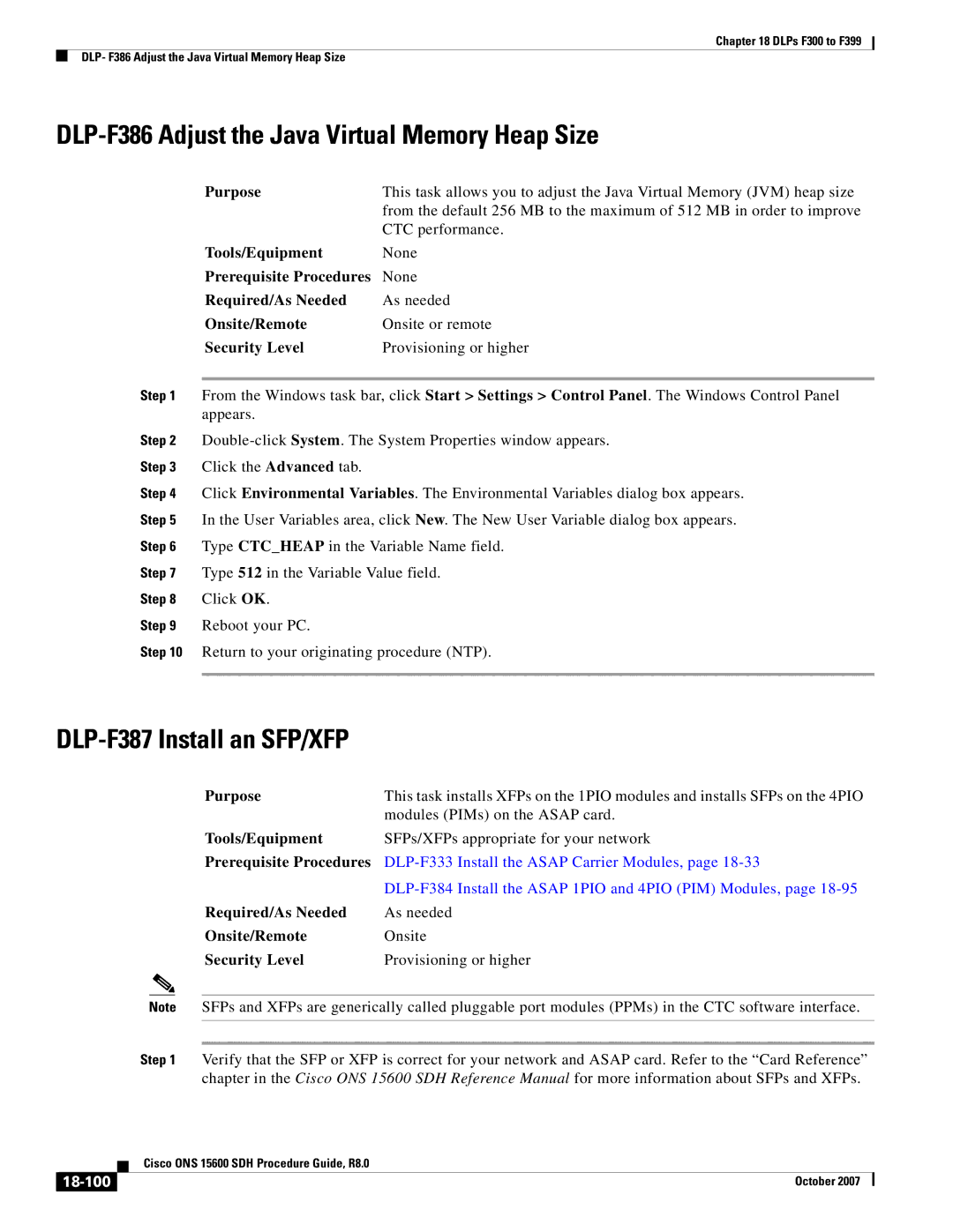 Cisco Systems ONS 15600 SDH manual DLP-F386 Adjust the Java Virtual Memory Heap Size, DLP-F387 Install an SFP/XFP, 18-100 