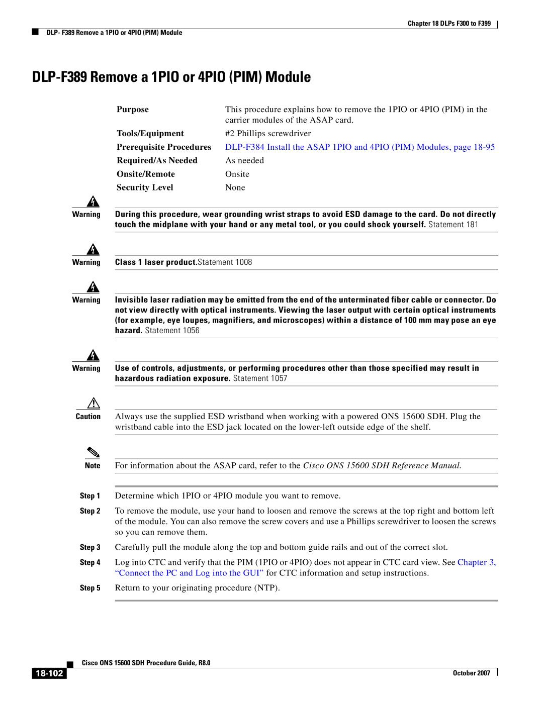 Cisco Systems ONS 15600 SDH manual DLP-F389 Remove a 1PIO or 4PIO PIM Module, 18-102 