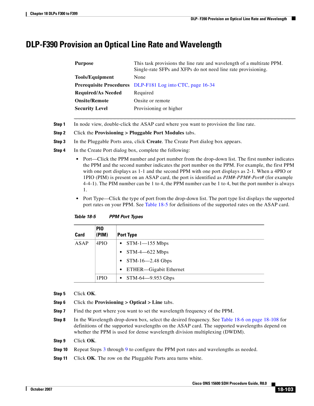 Cisco Systems ONS 15600 SDH manual DLP-F390 Provision an Optical Line Rate and Wavelength, Asap 4PIO, 1PIO, 18-103 