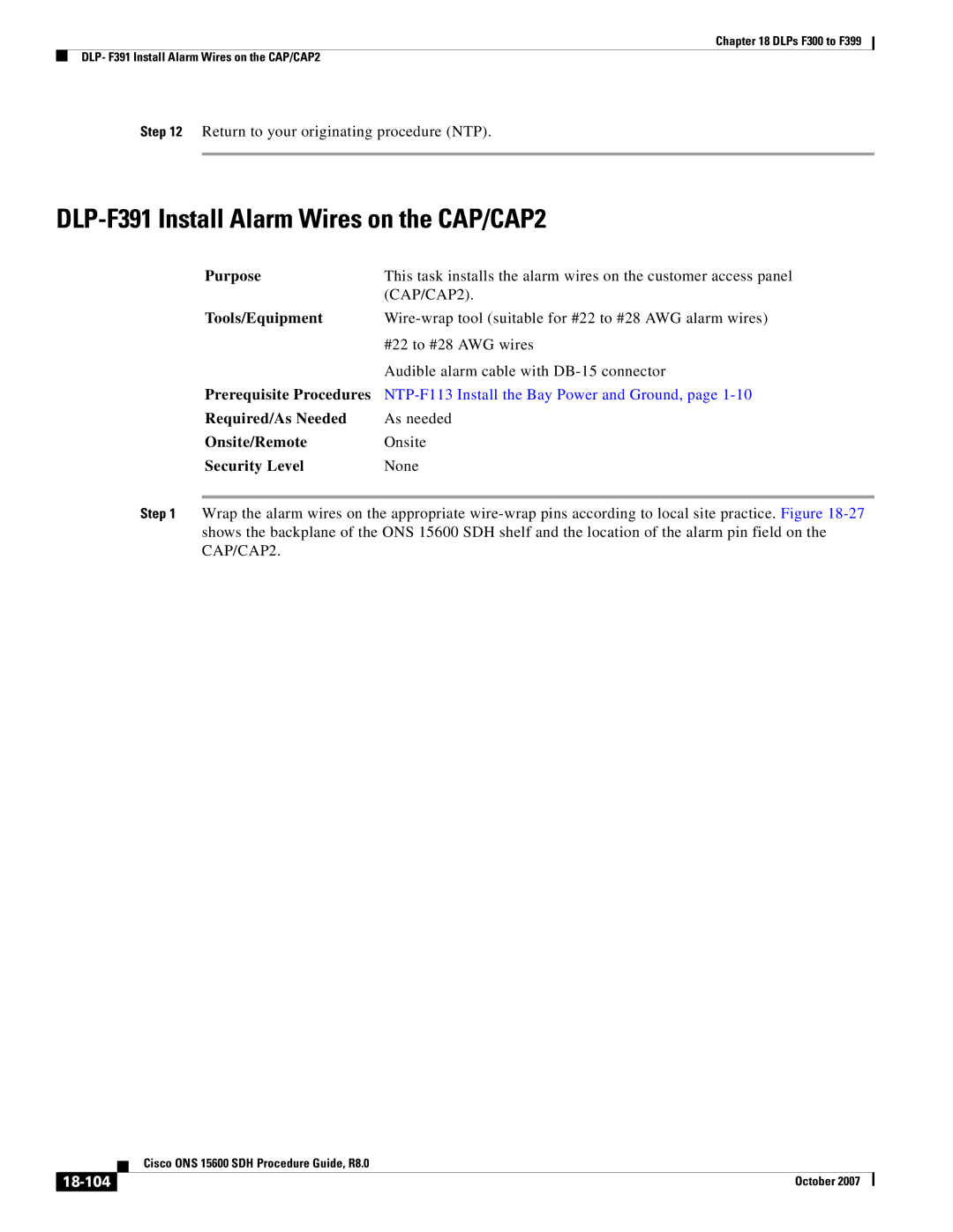 Cisco Systems ONS 15600 SDH manual DLP-F391 Install Alarm Wires on the CAP/CAP2, 18-104 