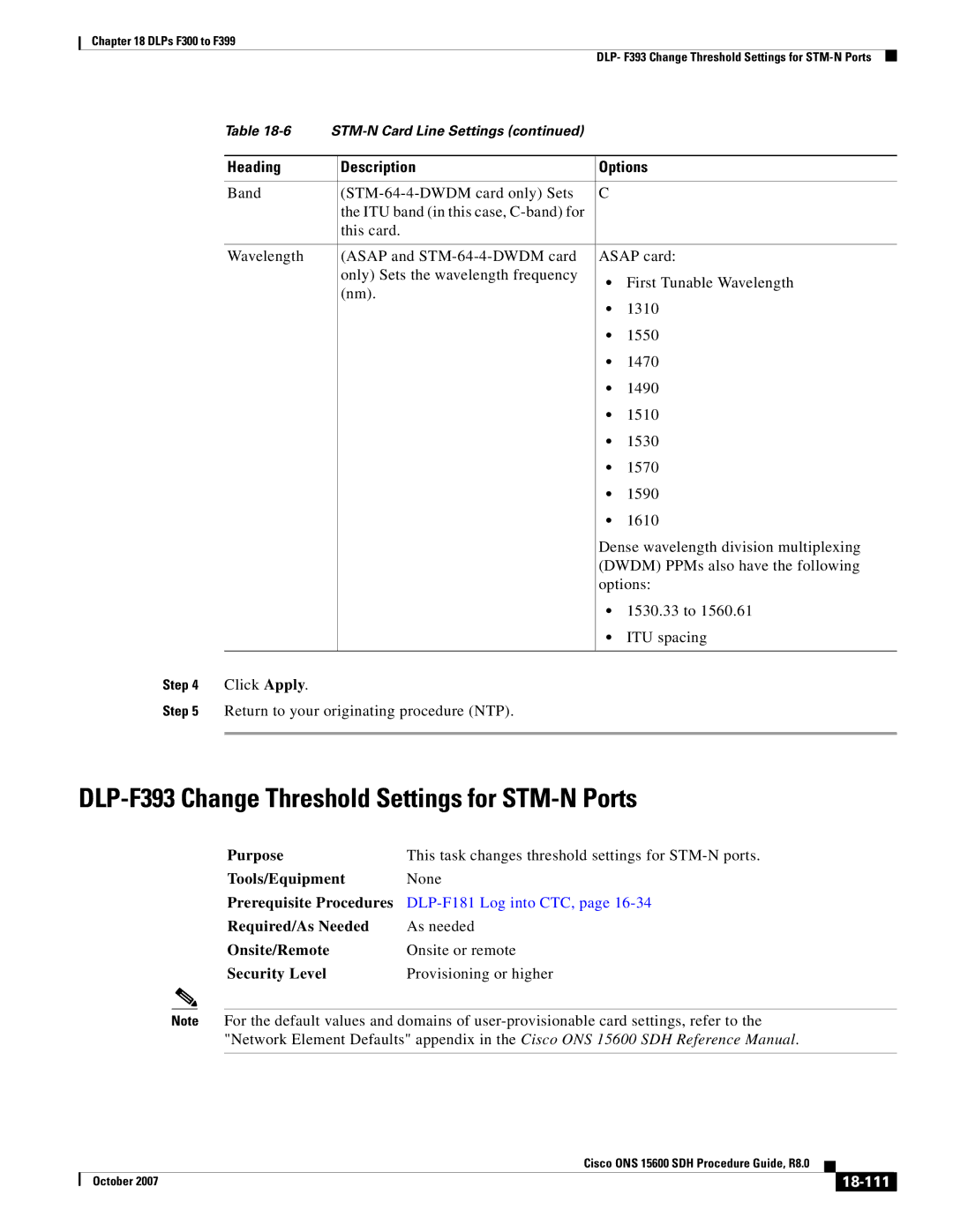 Cisco Systems ONS 15600 SDH manual DLP-F393 Change Threshold Settings for STM-N Ports, 18-111 