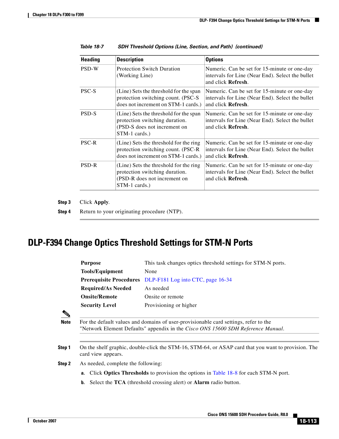 Cisco Systems ONS 15600 SDH manual DLP-F394 Change Optics Threshold Settings for STM-N Ports, 18-113 