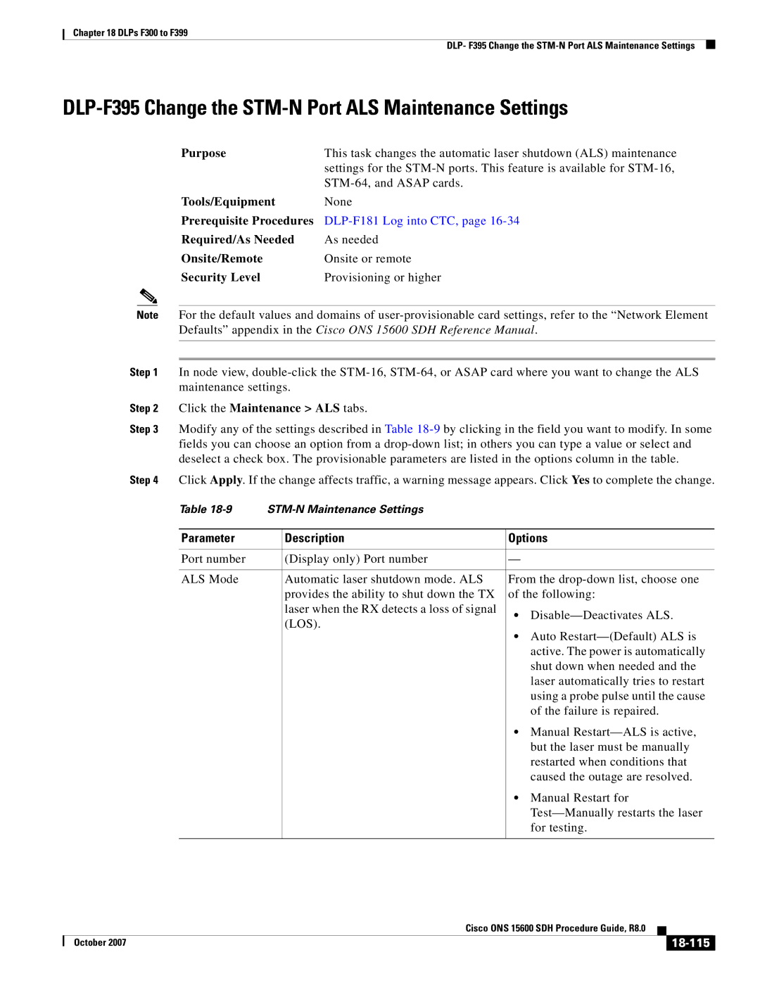 Cisco Systems ONS 15600 SDH manual DLP-F395 Change the STM-N Port ALS Maintenance Settings, Click the Maintenance ALS tabs 