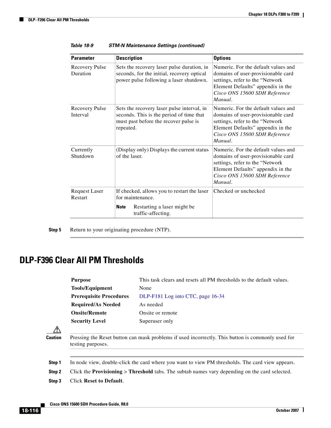 Cisco Systems ONS 15600 SDH manual DLP-F396 Clear All PM Thresholds, 18-116 