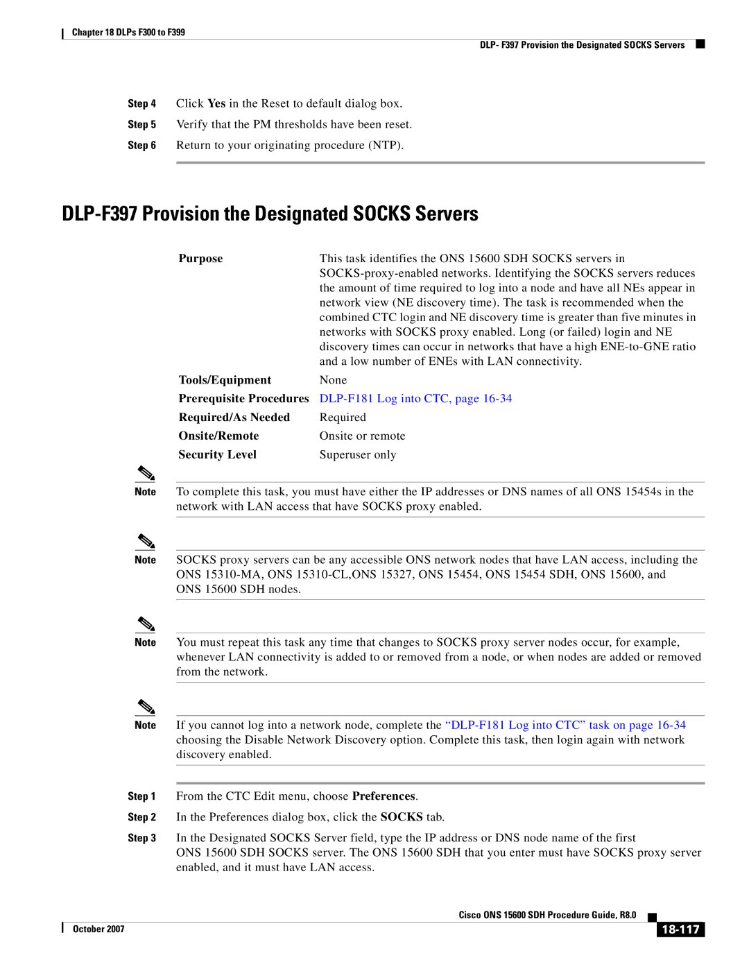 Cisco Systems ONS 15600 SDH manual DLP-F397 Provision the Designated Socks Servers, 18-117 