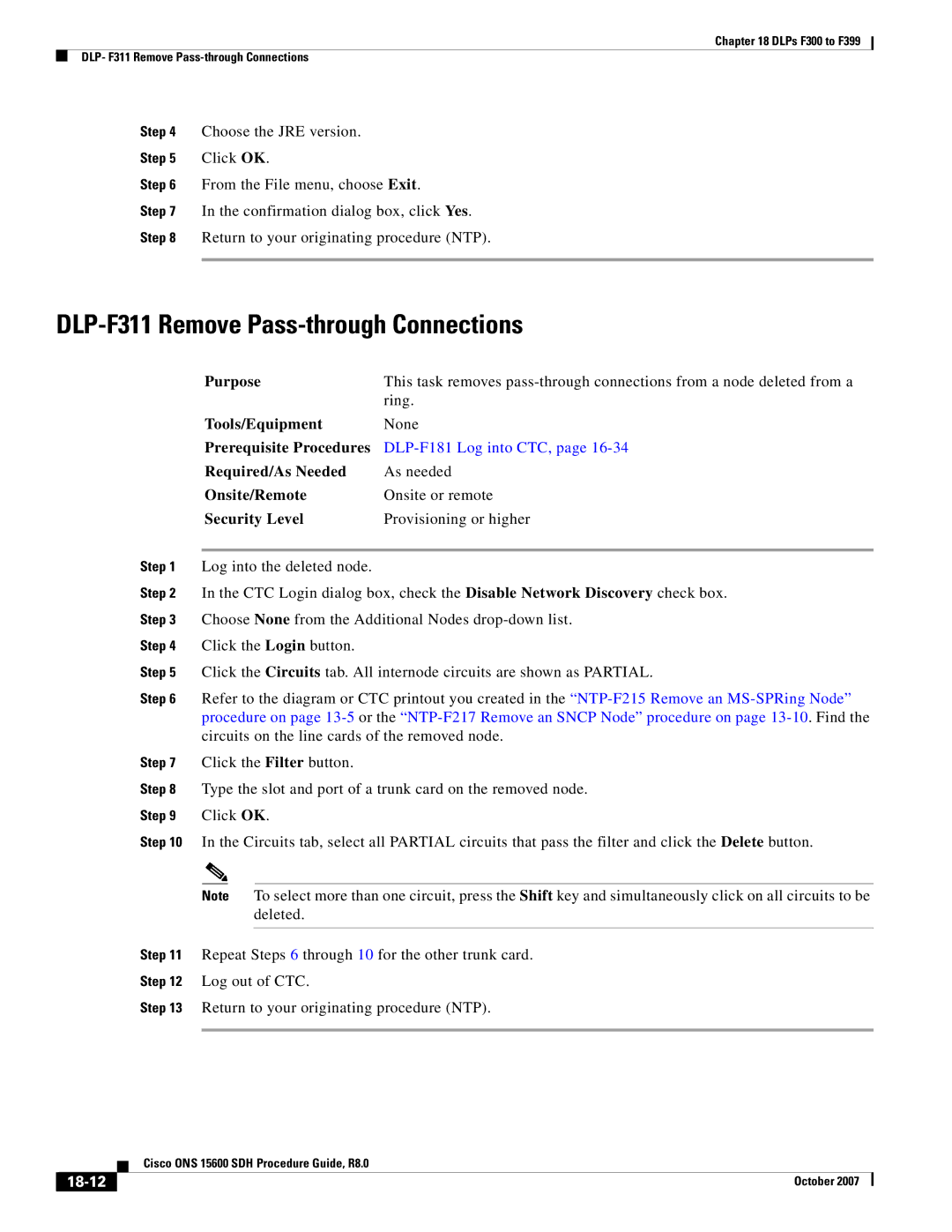 Cisco Systems ONS 15600 SDH manual DLP-F311 Remove Pass-through Connections, 18-12 