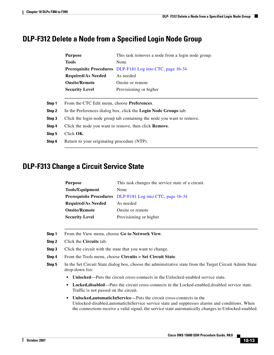 Cisco Systems ONS 15600 SDH manual DLP-F312 Delete a Node from a Specified Login Node Group, 18-13 