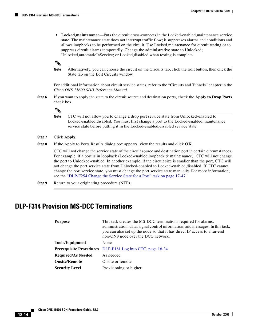 Cisco Systems ONS 15600 SDH manual DLP-F314 Provision MS-DCC Terminations, 18-14 