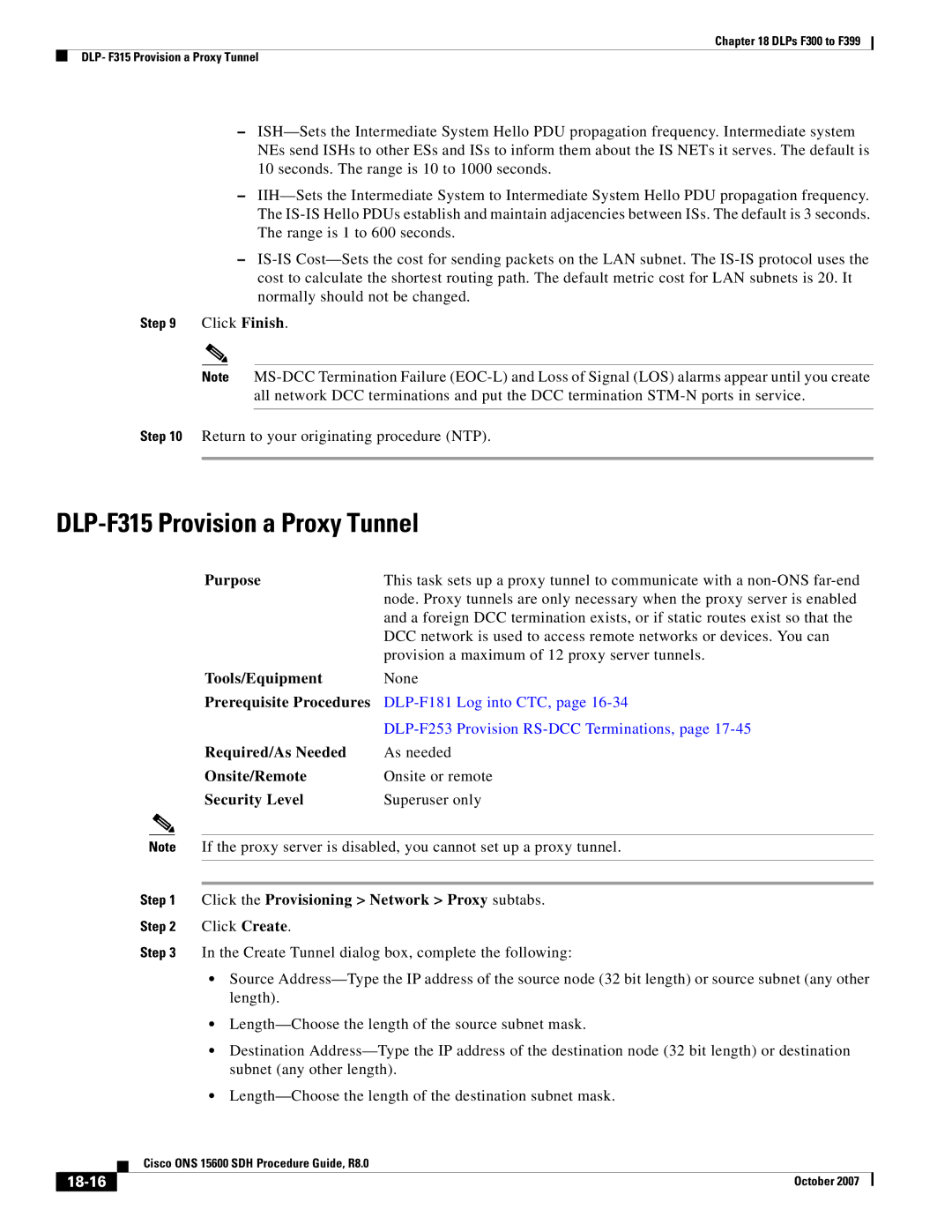 Cisco Systems ONS 15600 SDH manual DLP-F315 Provision a Proxy Tunnel, Click the Provisioning Network Proxy subtabs, 18-16 