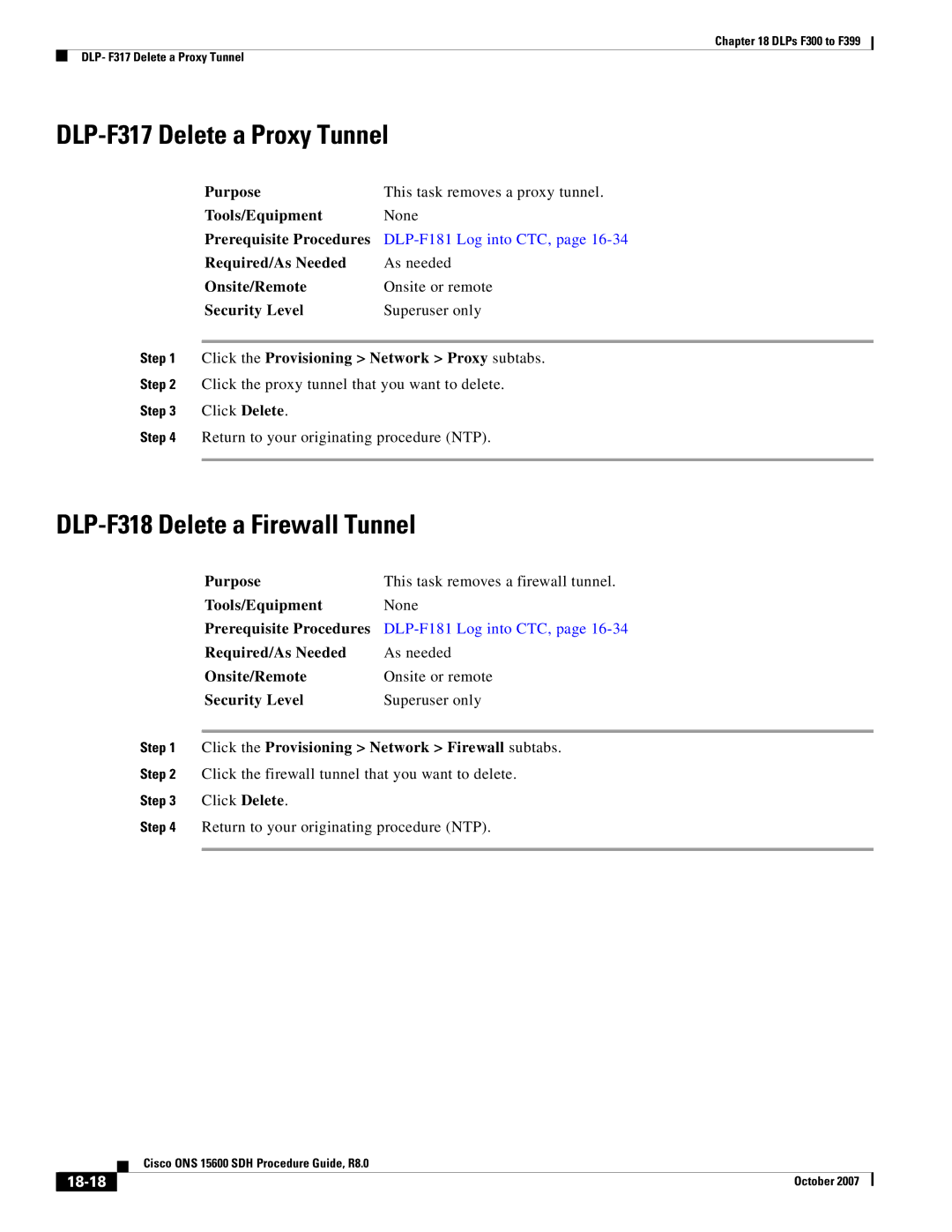 Cisco Systems ONS 15600 SDH manual DLP-F317 Delete a Proxy Tunnel, DLP-F318 Delete a Firewall Tunnel, 18-18 