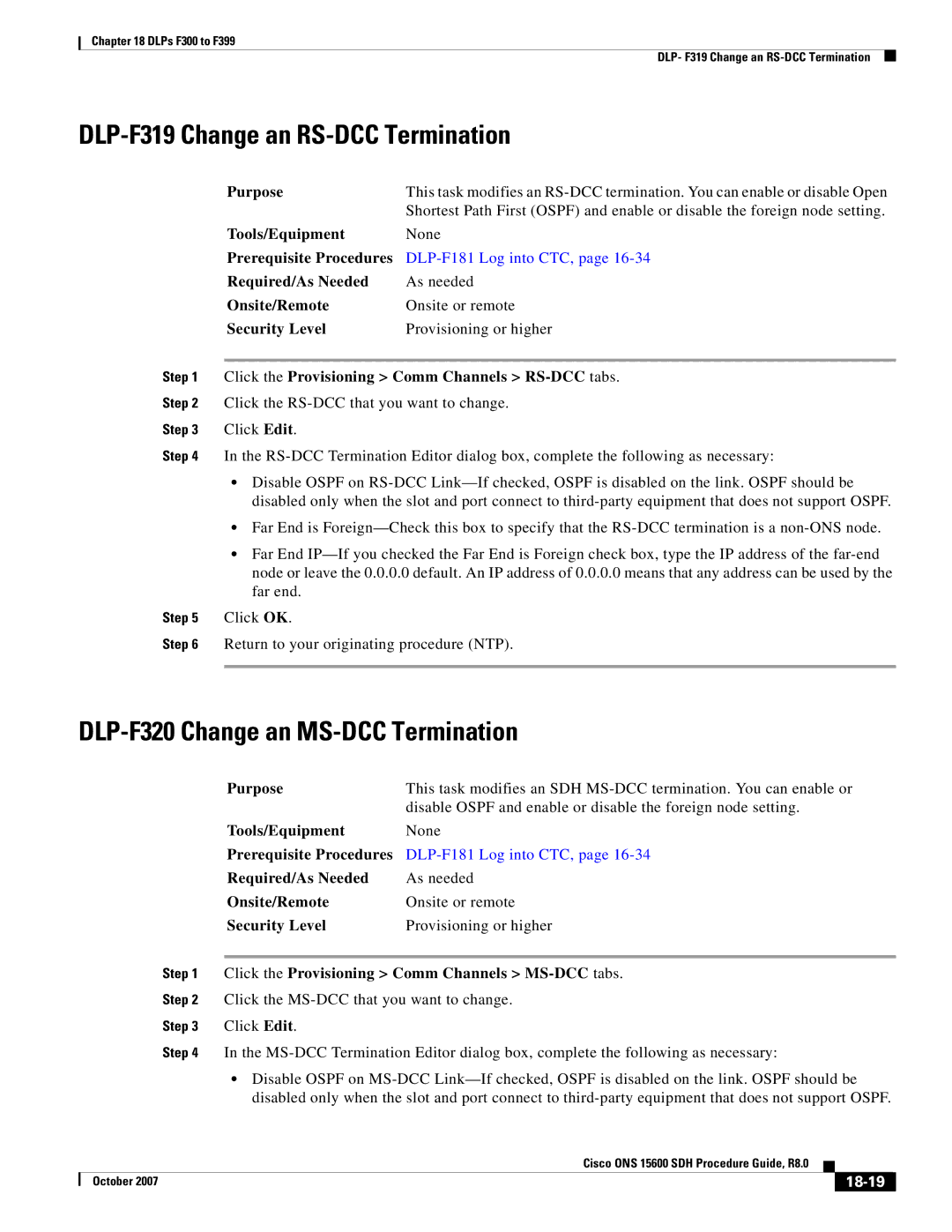 Cisco Systems ONS 15600 SDH manual DLP-F319 Change an RS-DCC Termination, DLP-F320 Change an MS-DCC Termination, 18-19 