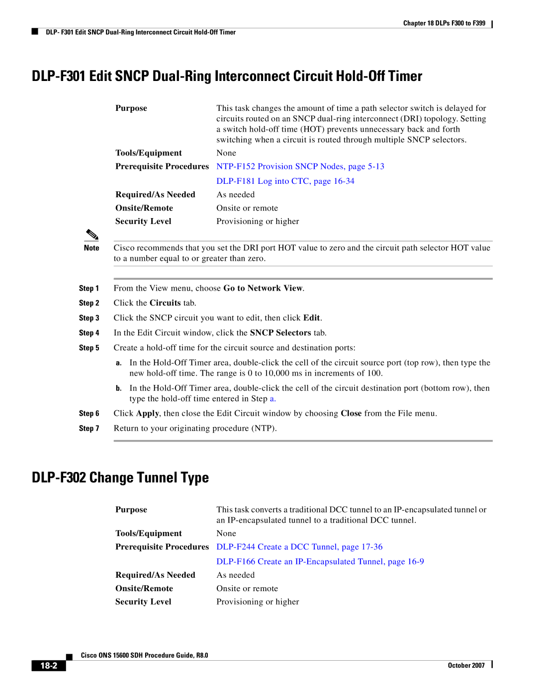 Cisco Systems ONS 15600 SDH manual DLP-F302 Change Tunnel Type, 18-2 