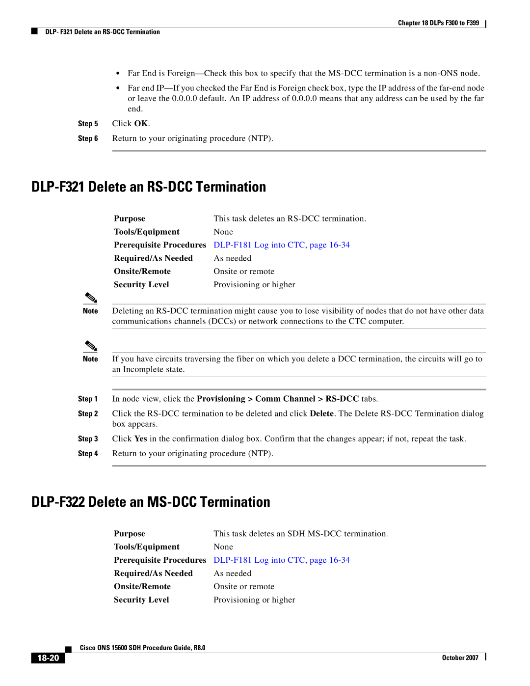 Cisco Systems ONS 15600 SDH manual DLP-F321 Delete an RS-DCC Termination, DLP-F322 Delete an MS-DCC Termination, 18-20 