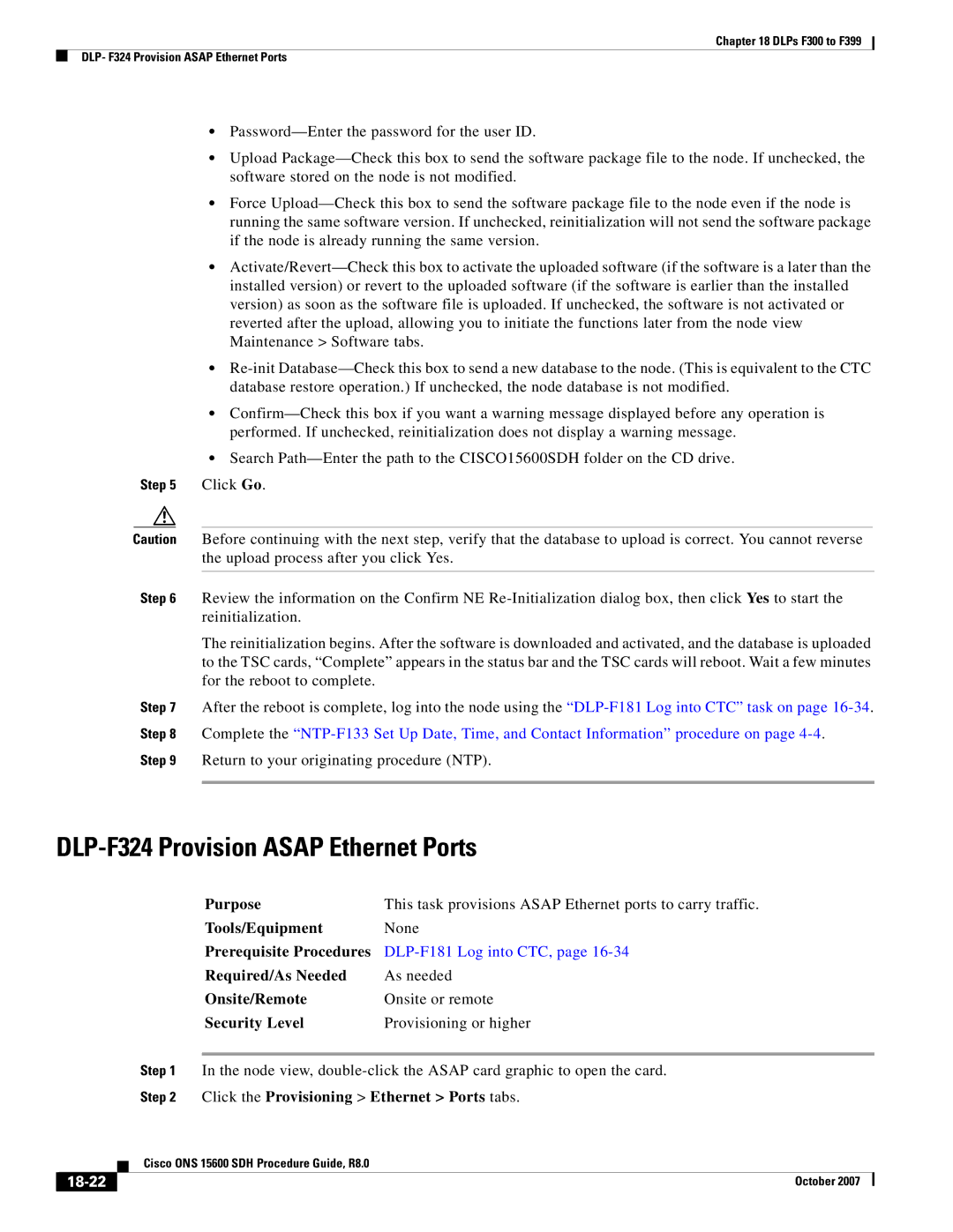 Cisco Systems ONS 15600 SDH DLP-F324 Provision Asap Ethernet Ports, Click the Provisioning Ethernet Ports tabs, 18-22 