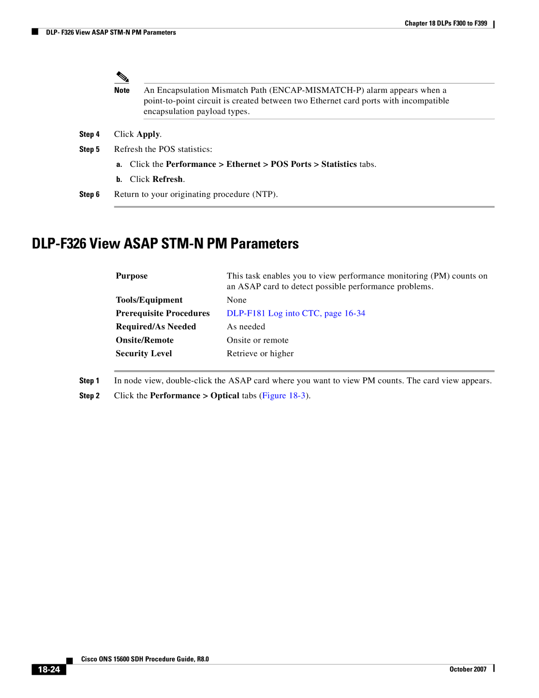 Cisco Systems ONS 15600 SDH manual DLP-F326 View Asap STM-N PM Parameters, Click the Performance Optical tabs Figure, 18-24 