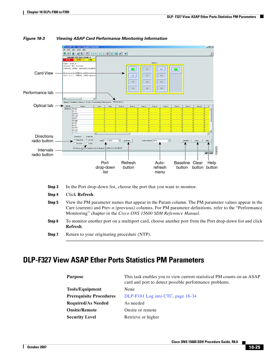 Cisco Systems ONS 15600 SDH manual DLP-F327 View Asap Ether Ports Statistics PM Parameters, 18-25 