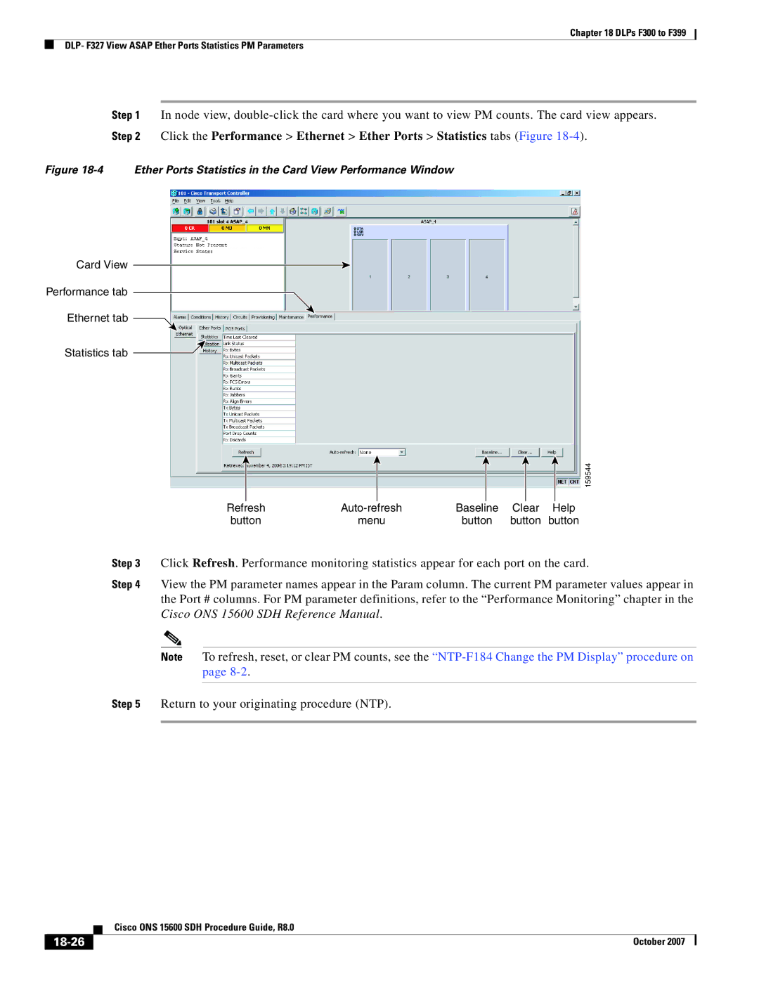 Cisco Systems ONS 15600 SDH manual 18-26, Ether Ports Statistics in the Card View Performance Window 